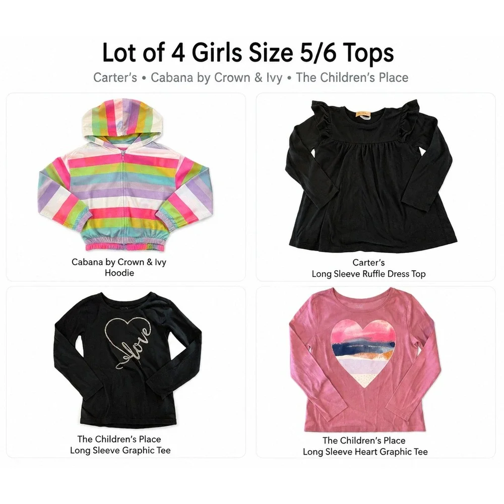 Lot of 4 Girls Size 5/6 Tops Carters Childrens Place Cabana Hoodie‎ Graphic Tee